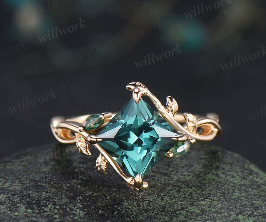Vintage Princess cut green sapphire ring set leaf marquise moss agate infinity ring branch emerald wedding band
