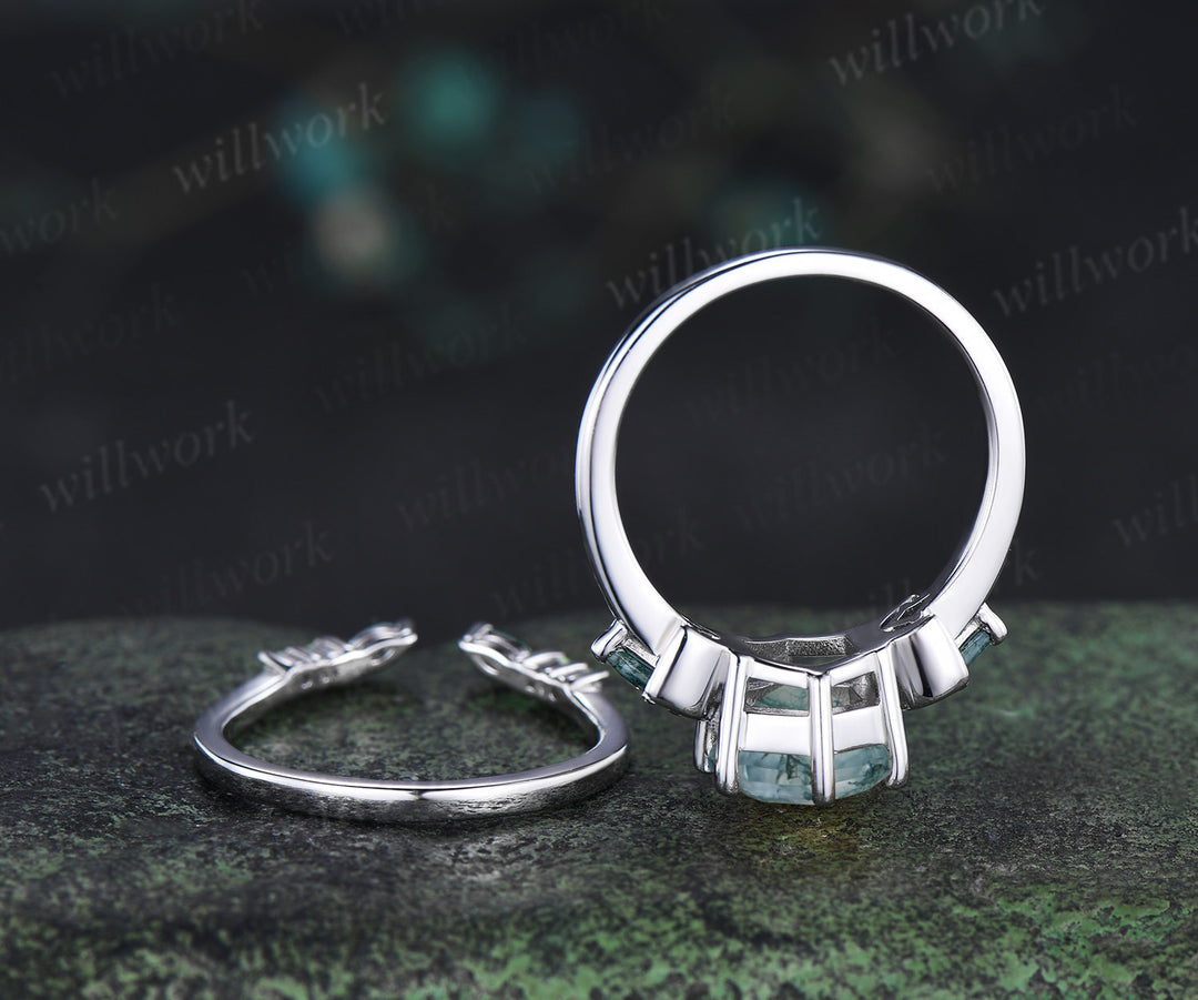 Hexagon cut moss agate engagement ring set three-stone art deco kite moss agate ring opal open gap wedding band