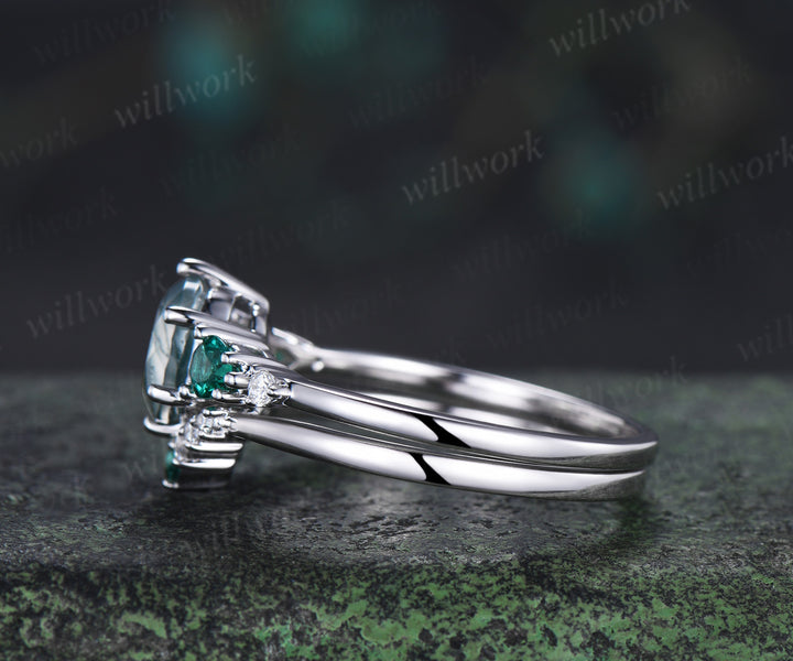 Unique round moss agate engagement ring set five stone pear emeralds moissanite accent ring curved matching band