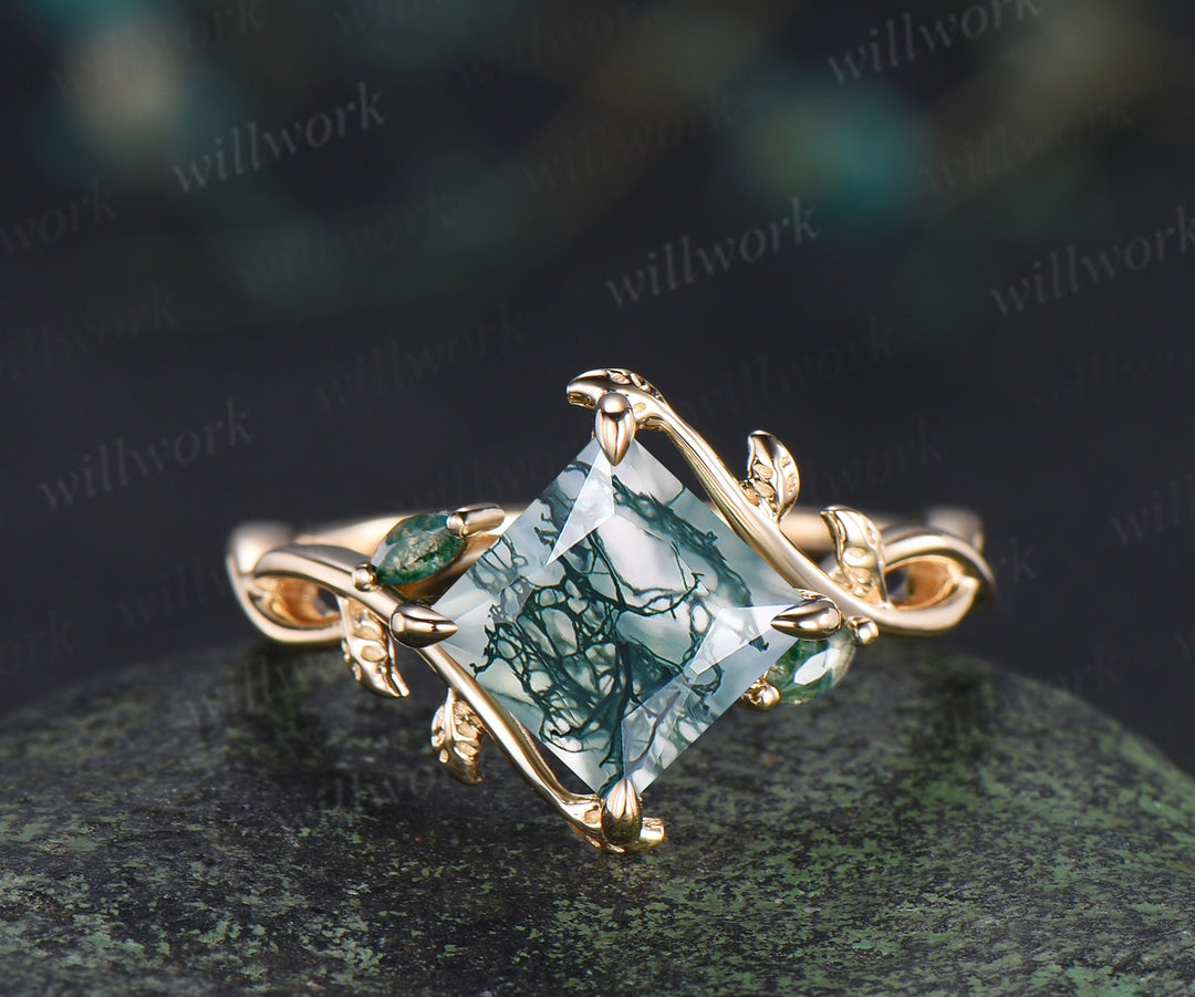 Vintage Princess cut moss agate ring set leaf marquise moss agate infinity ring branch emerald wedding band bridal set