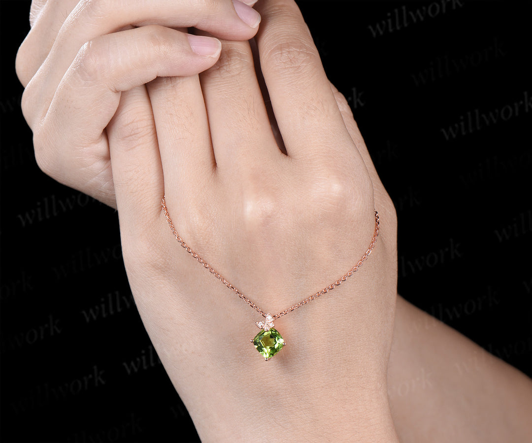 Cushion cut peridot moissanite pendant necklace unique butterfly solid 14k rose gold necklace August birthstone jewelry gifts