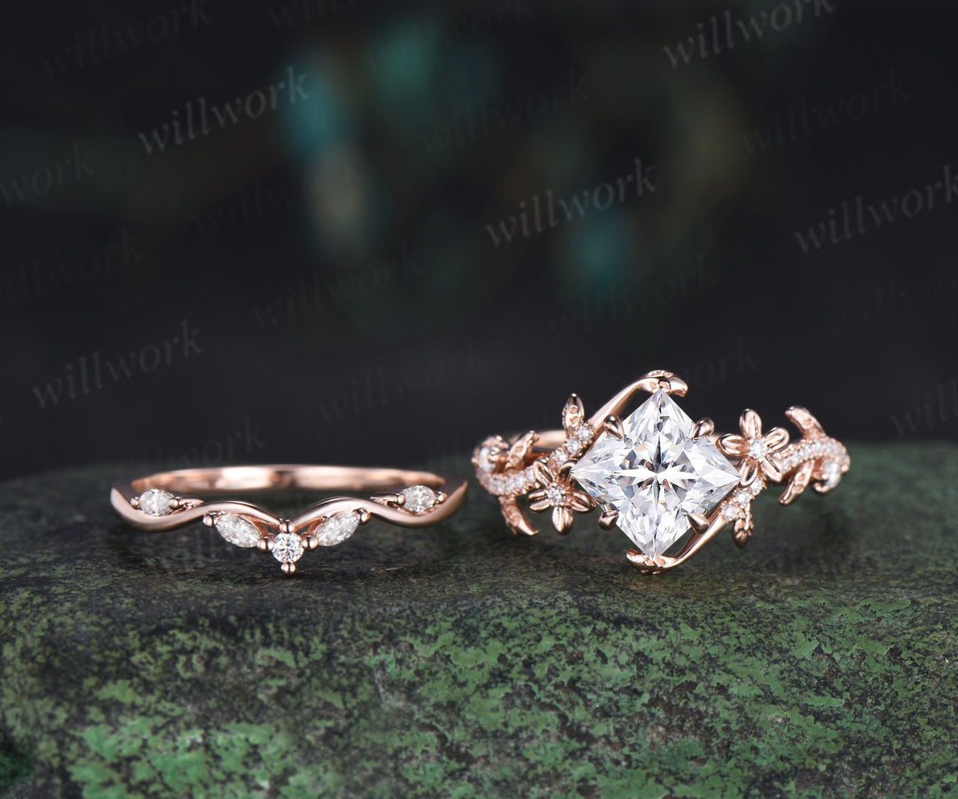 Nature inspired princess cut lab grown diamond engagement ring leaf twig floral ring diamond matching wedding band bridal set