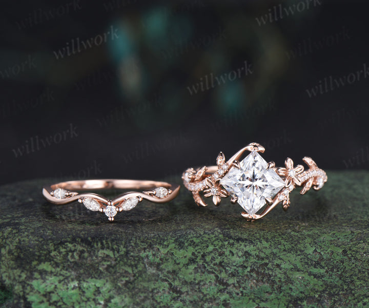 Nature inspired princess cut lab grown diamond engagement ring leaf twig floral ring diamond matching wedding band bridal set