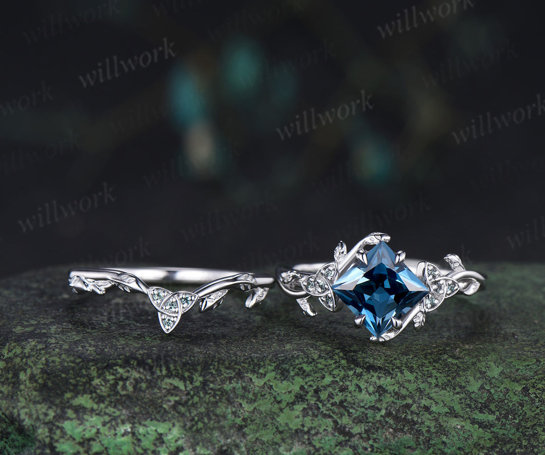 Princess cut London blue topaz engagement ring set art deco alexandrite celtic knot leaf twig ring unique bridal set