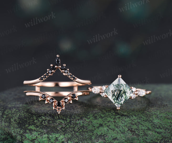 Princess cut moss agate ring set green moss agate marquise moissanite ring unique black spinel band enhancer wrap enchanting bridal set