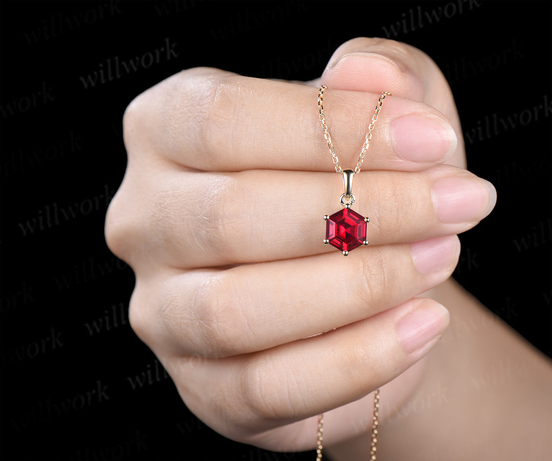 Unique hexagon ruby necklace minimalism red ruby pendant necklace July birthstone gifts for her