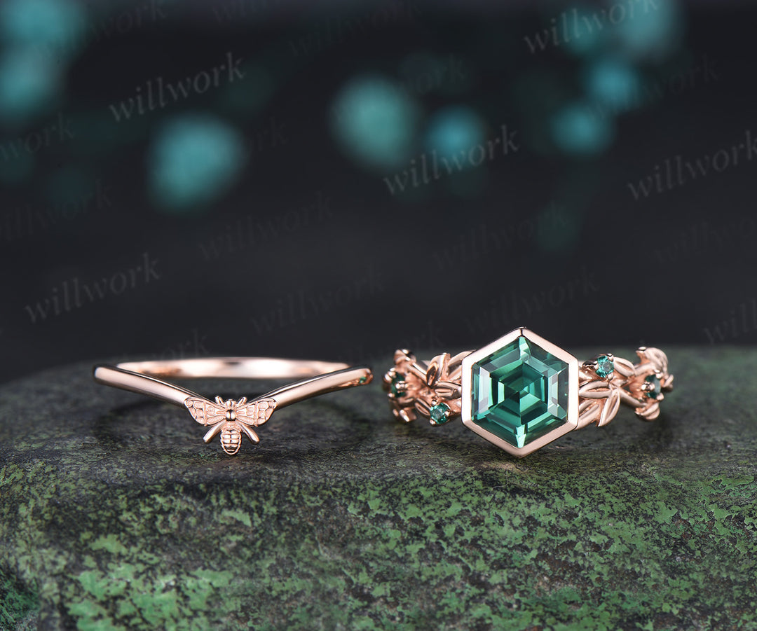 Hexagon cut green sapphire ring set leaf twig emerald promise ring tiny bee curved band unique bridal set