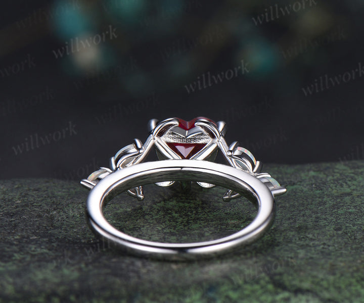 Enchanting heart shape ruby engagement ring leaf split shank cluster opal ring 14k white gold antique promise wedding ring for women