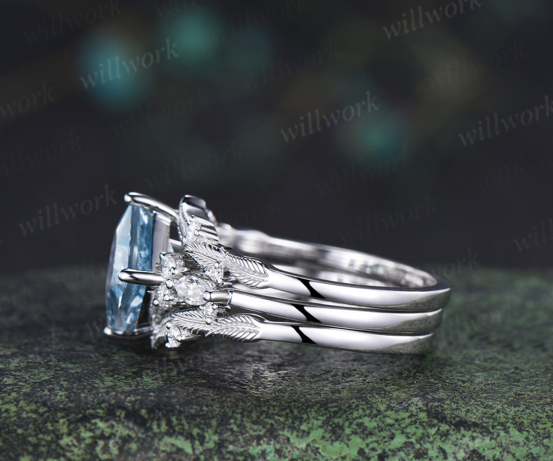 Princess cut natural aquamarine engagement ring set moissanite accent leaf matching band unique bridal set
