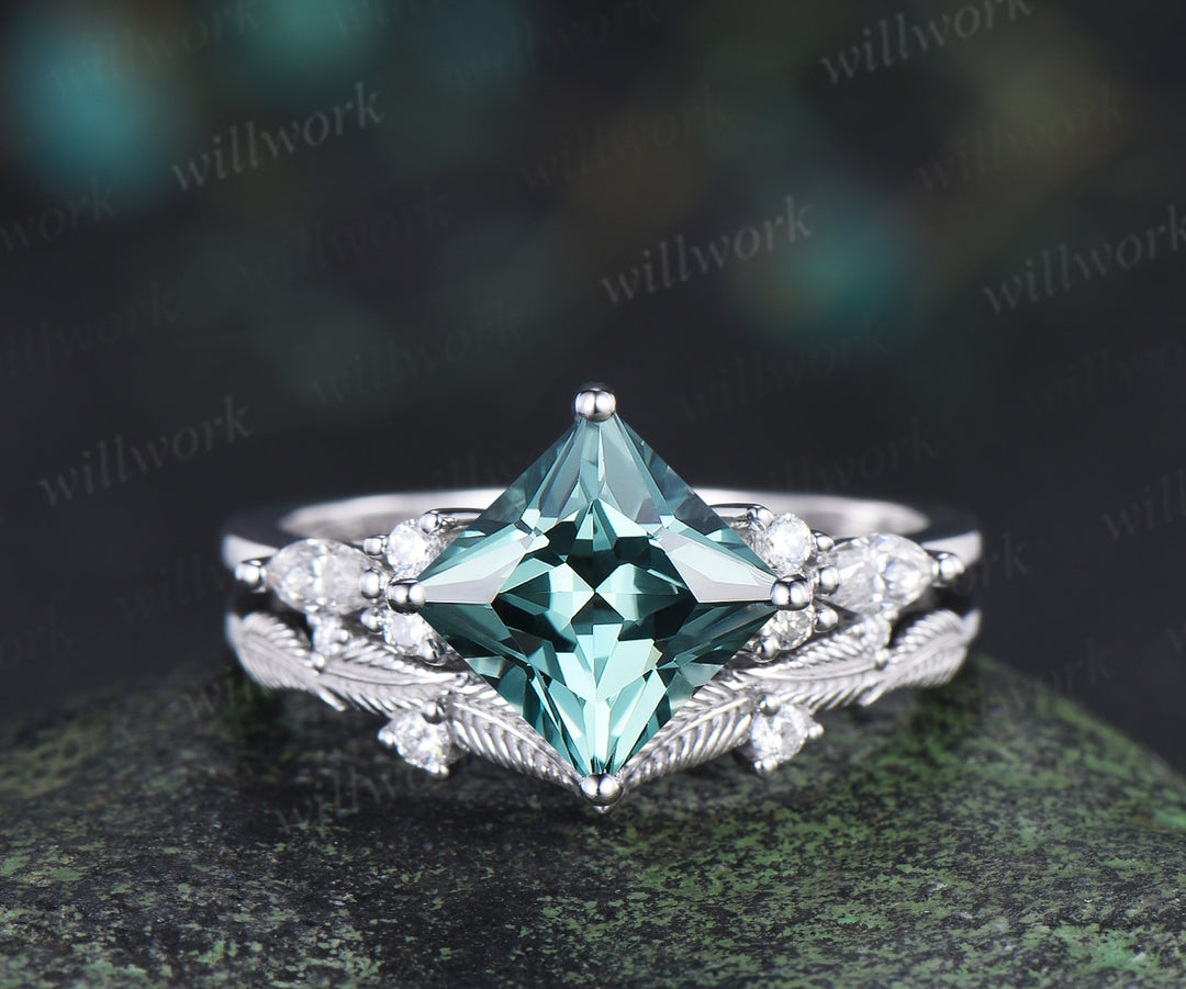 Princess cut green sapphire engagement ring set elegant bridal set moissanite accent leaf matching band