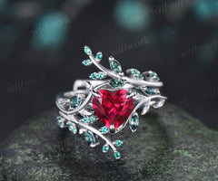 Heart Ruby Moss Agate Leaf Vine Ring Set Nature Twig Leaf Promise Ring Emerald Moss Agate Enhancer Band Unique Bridal Set