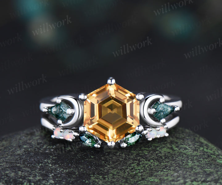 Hexagon cut moss agate engagement ring set three-stone art deco moon kite moss agate ring open gap wedding band