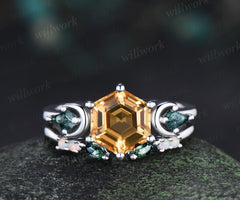 Hexagon cut moss agate engagement ring set three-stone art deco moon kite moss agate ring open gap wedding band