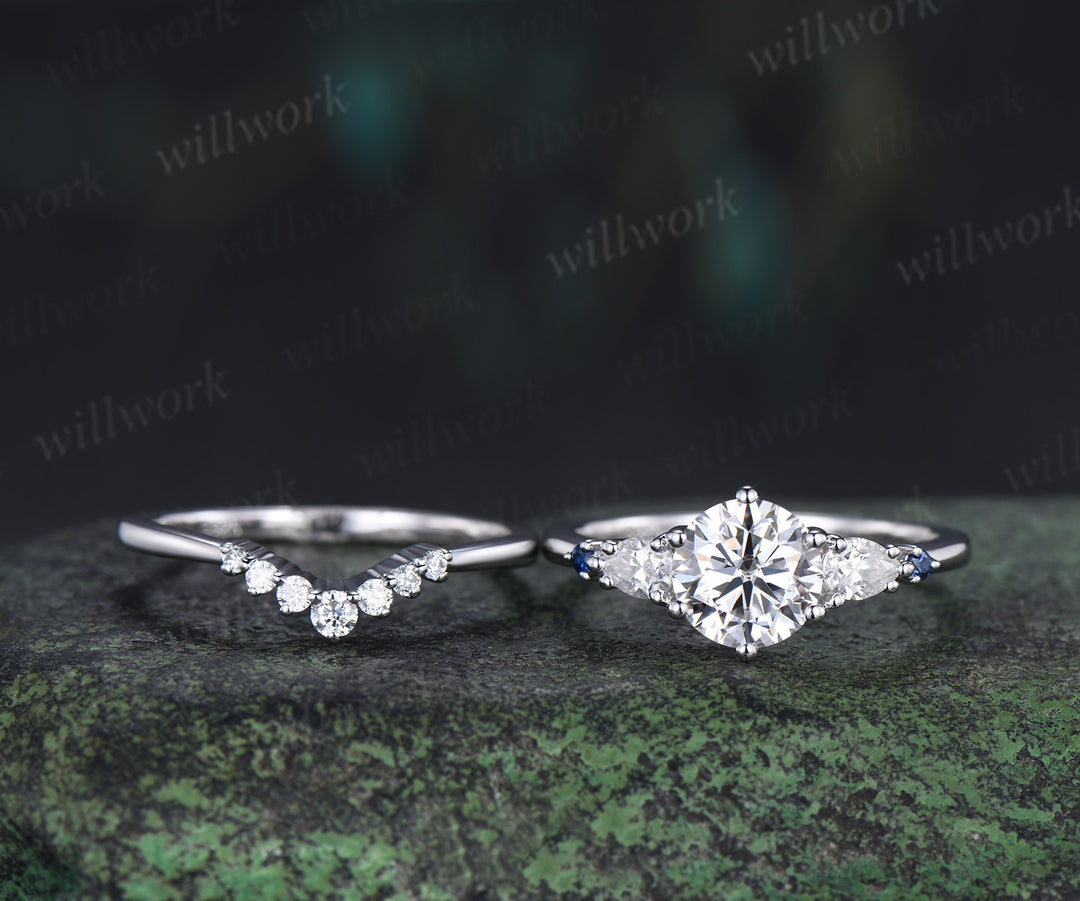 Round Cut Lab Grown Diamond Ring Set Five Stone Sapphire Accents Promise Ring Wedding Bridal Set