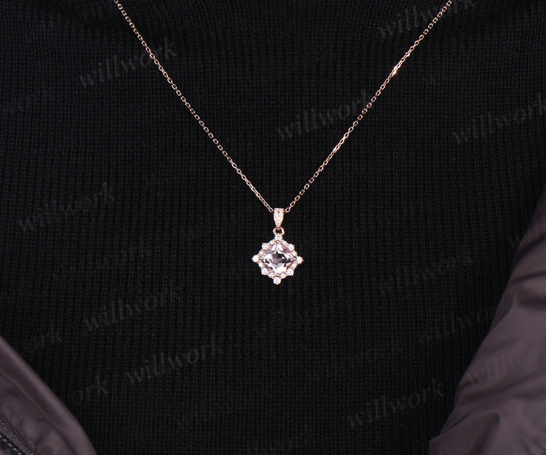Vintage cushion cut morganite necklace unique diamond halo pendant necklace jewelry gifts