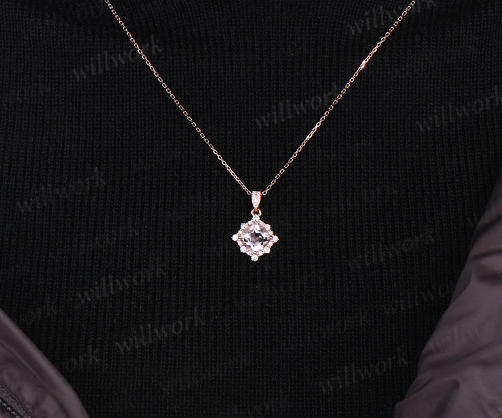 Vintage cushion cut morganite necklace unique diamond halo pendant necklace jewelry gifts
