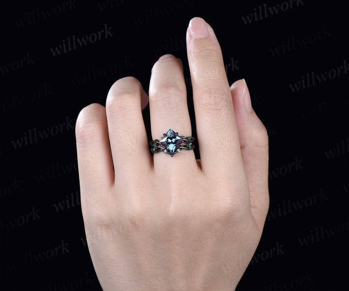 Vintage Princess Cut Alexandrite Twig Leaf Ring Set& Tungsten Black Opals Gold Flakes Men’s Band Couple Ring Set