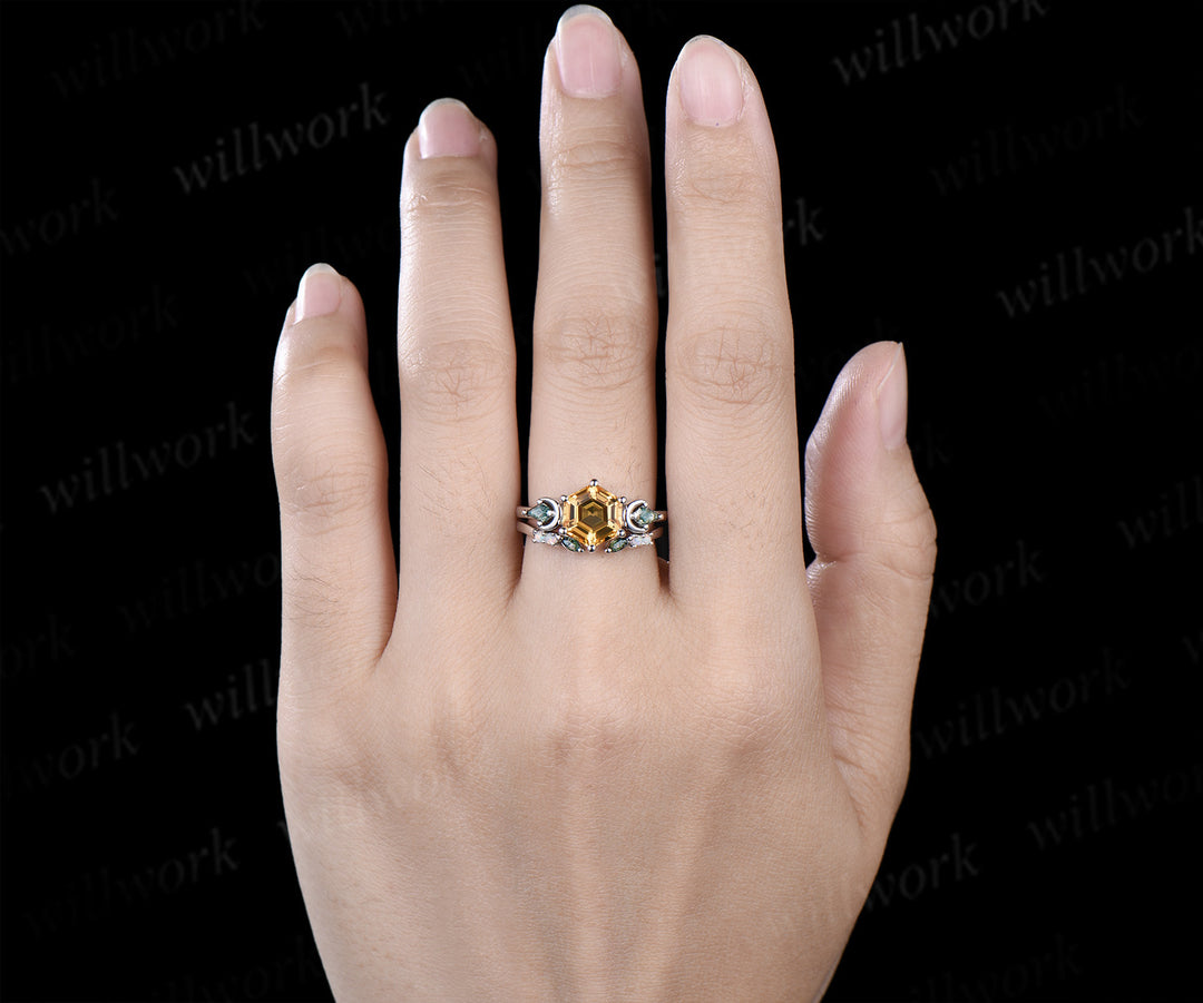 Hexagon cut moss agate engagement ring set three-stone art deco moon kite moss agate ring open gap wedding band