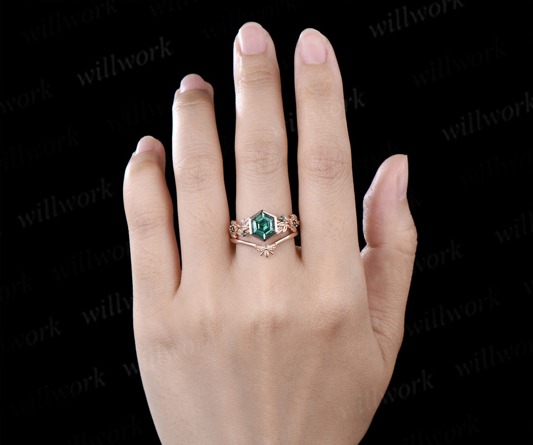 Hexagon cut green sapphire ring set leaf twig emerald promise ring tiny bee curved band unique bridal set