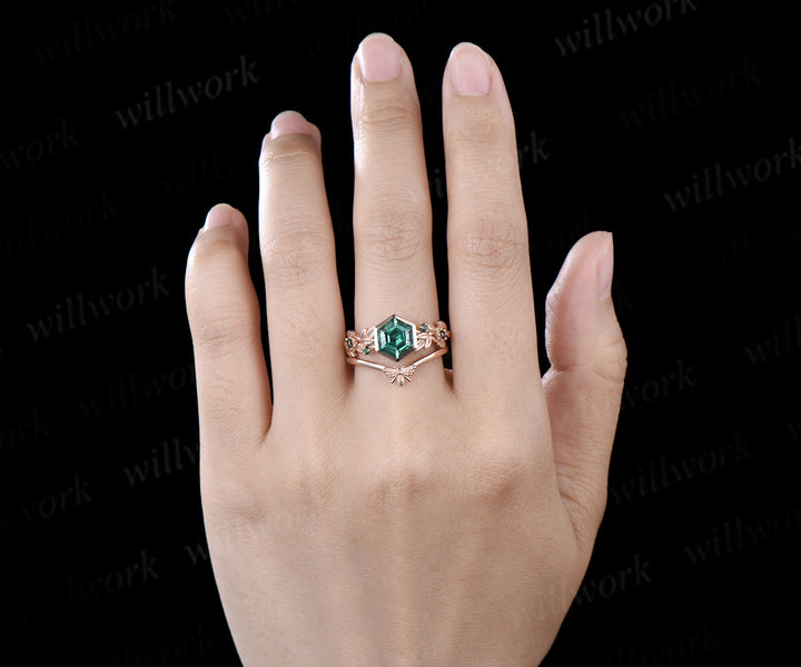 Hexagon cut green sapphire ring set leaf twig emerald promise ring tiny bee curved band unique bridal set