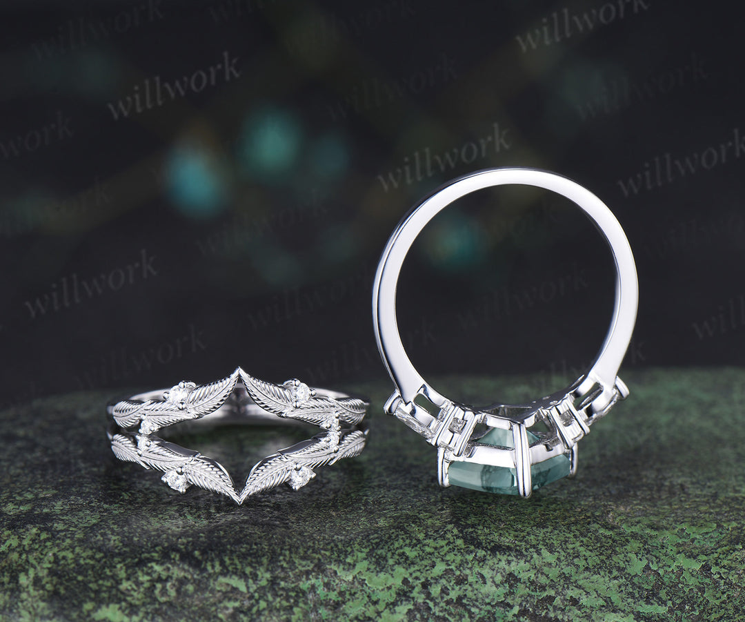 Princess cut natural moss agate engagement ring set moissanite accent leaf matching band unique bridal set