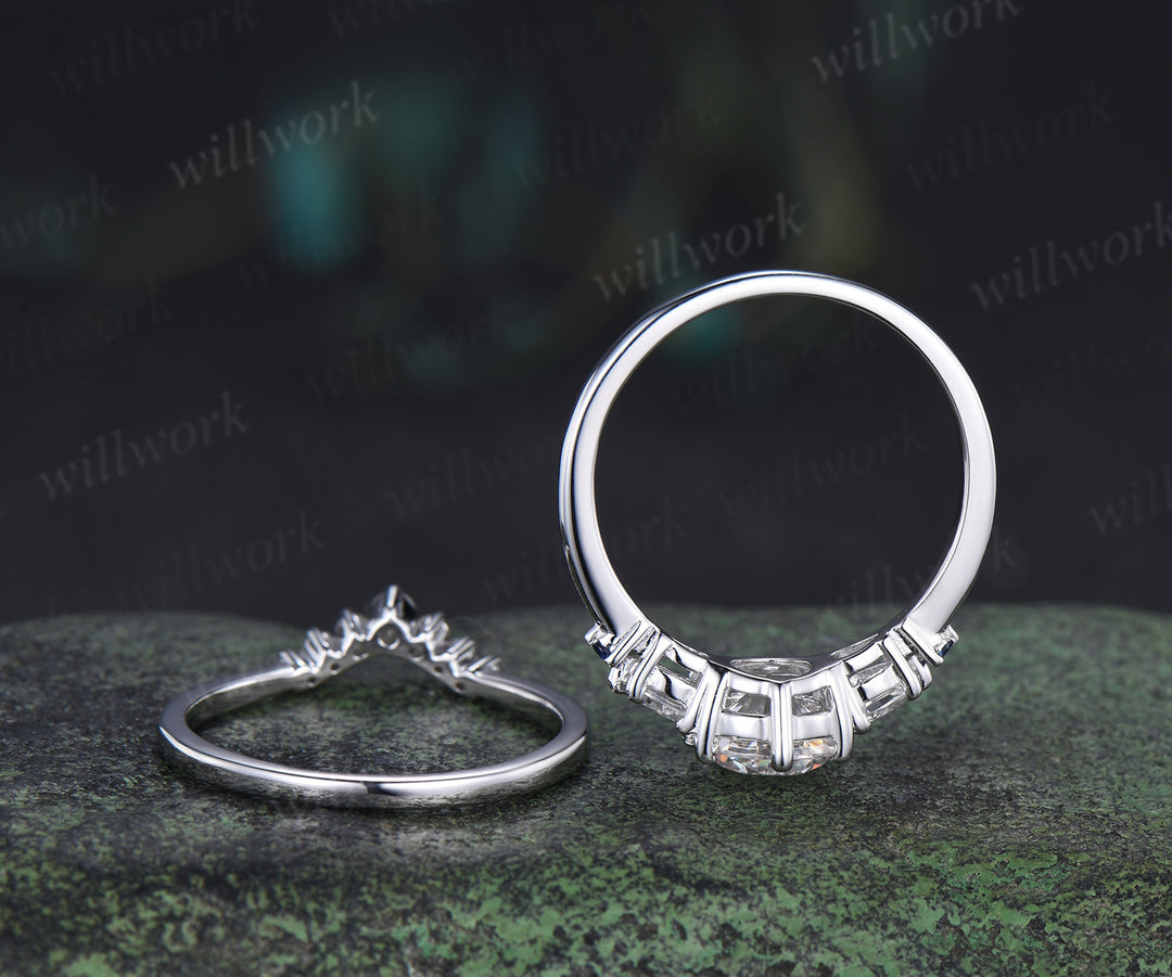 Round Cut Lab Grown Diamond Ring Set Five Stone Sapphire Accents Promise Ring Wedding Bridal Set