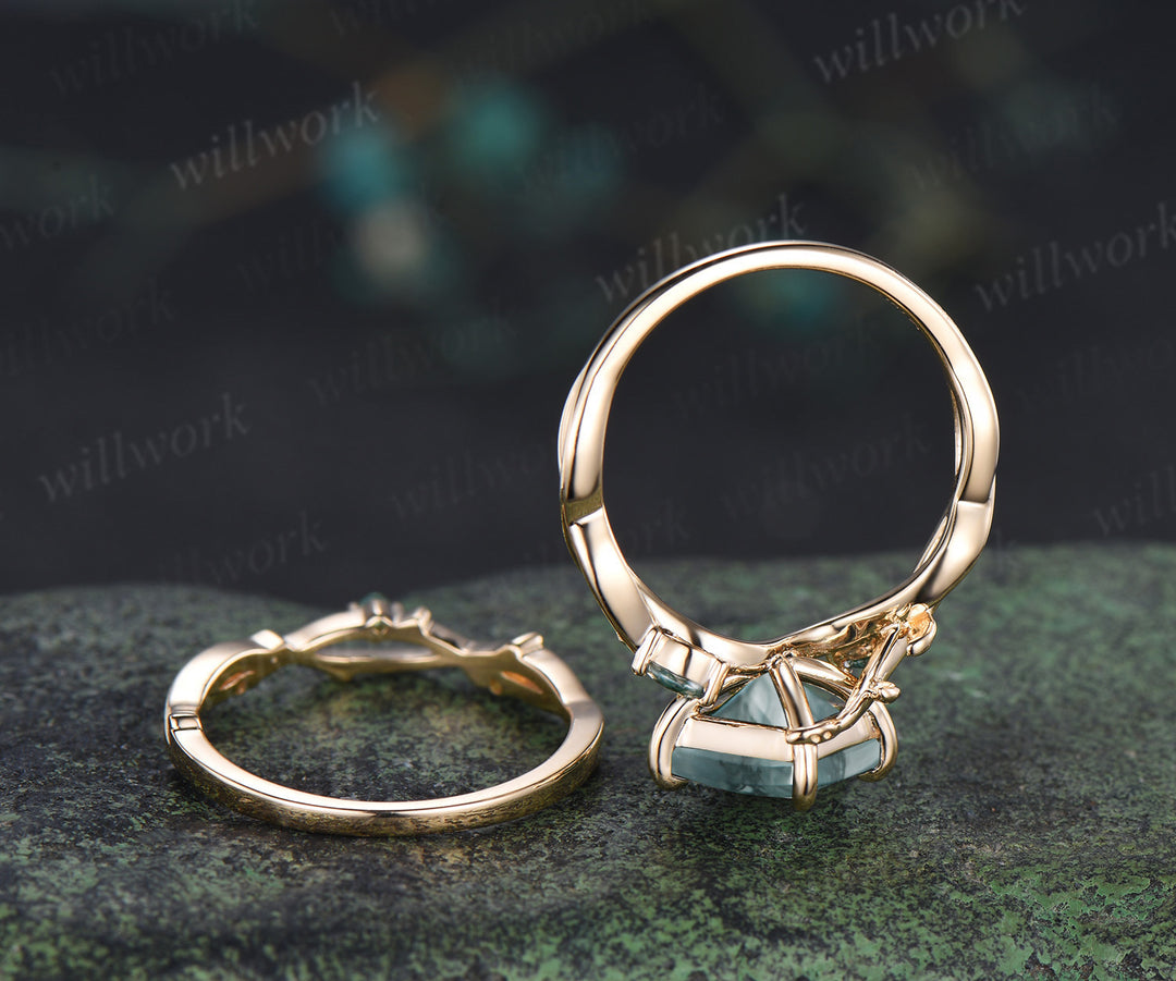 Vintage Princess cut moss agate ring set leaf marquise moss agate infinity ring branch emerald wedding band bridal set