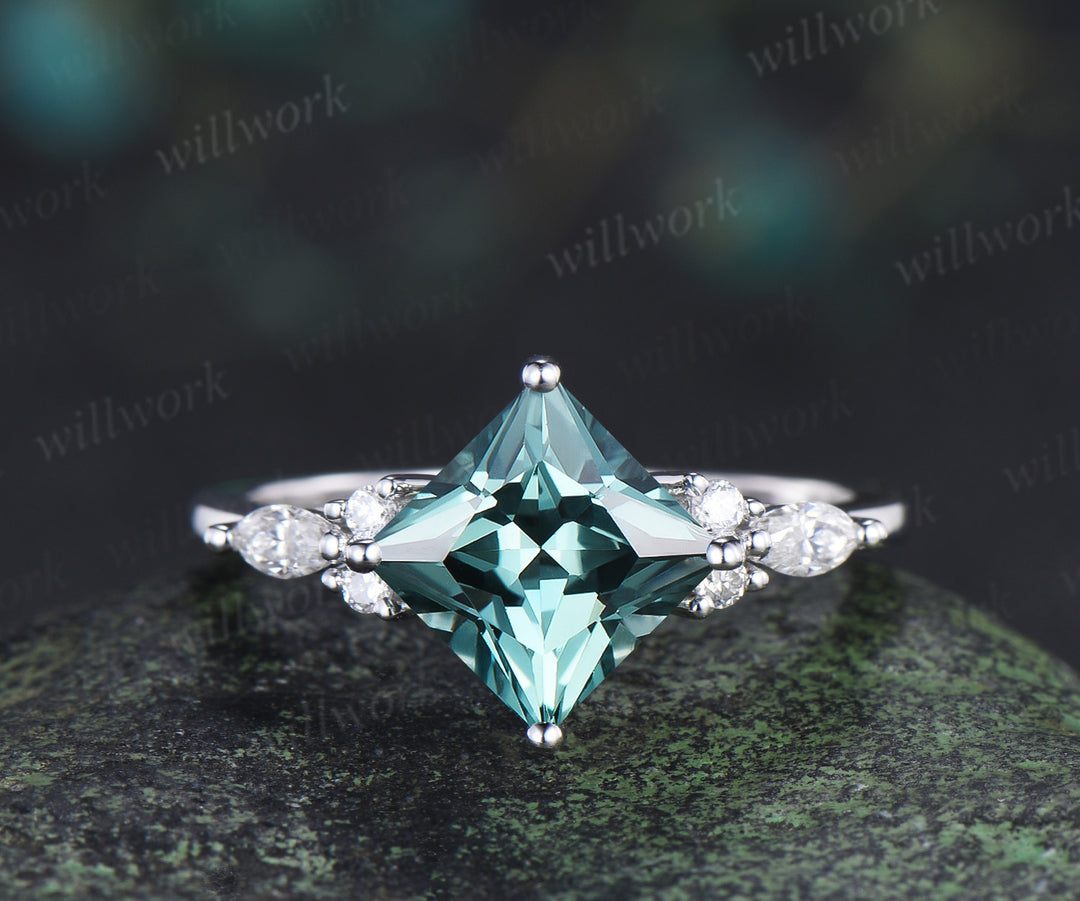 Princess cut green sapphire engagement ring set elegant bridal set moissanite accent leaf matching band