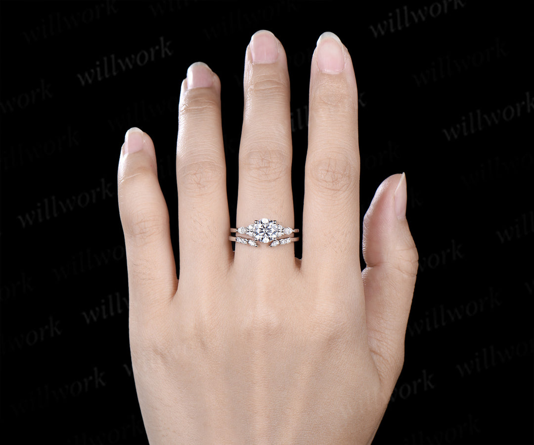 Round cut IGI Lab grown diamond engagement ring set solid 14k 18k white gold seven stone ring open gap wedding band timeless bridal set