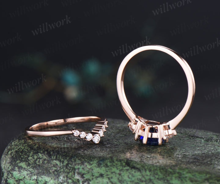 Round cut blue sapphire engagement ring set three stone sapphire moissanite promise ring curved wedding band minimalist bridal set