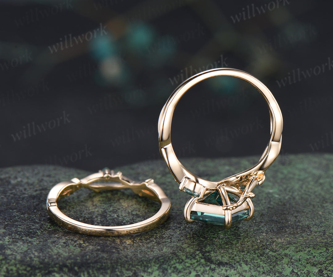 Vintage Princess cut green sapphire ring set leaf marquise moss agate infinity ring branch emerald wedding band