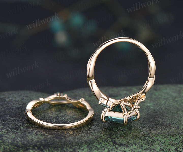 Vintage Princess cut green sapphire ring set leaf marquise moss agate infinity ring branch emerald wedding band