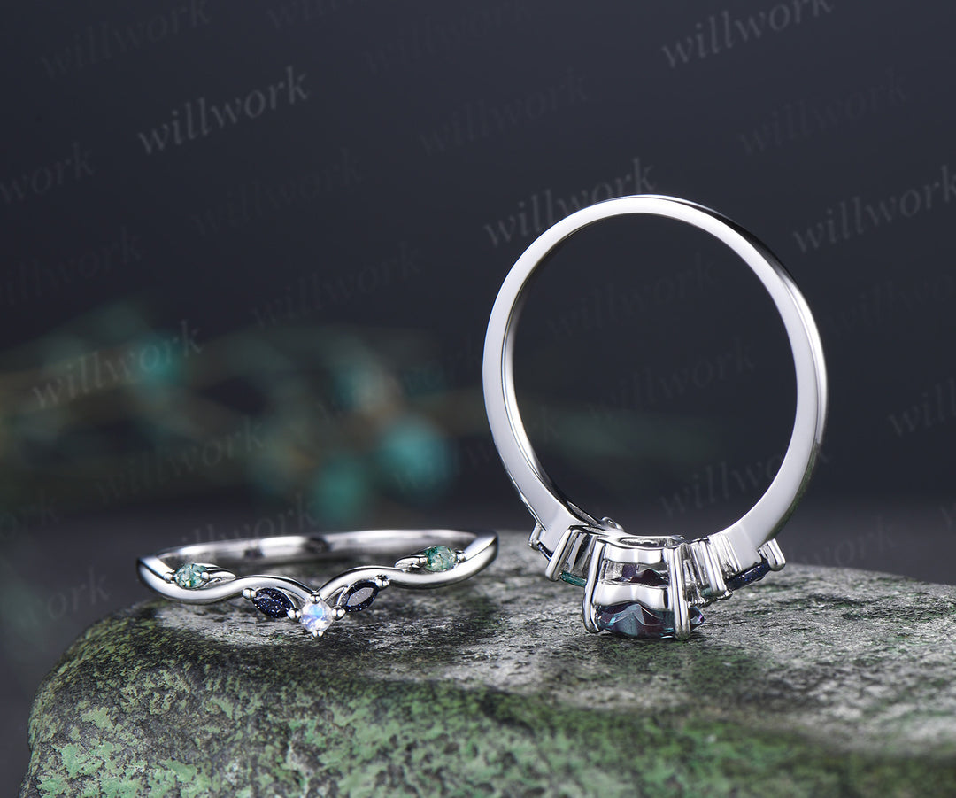 Heart shaped alexandrite ring set vintage blue sandstone moss agate moonstone cluster ring curved matching band bridal set