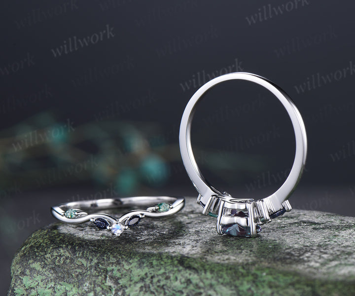 Heart shaped alexandrite ring set vintage blue sandstone moss agate moonstone cluster ring curved matching band bridal set
