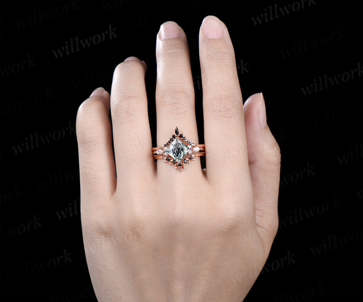 Princess cut moss agate ring set green moss agate marquise moissanite ring unique black spinel band enhancer wrap enchanting bridal set