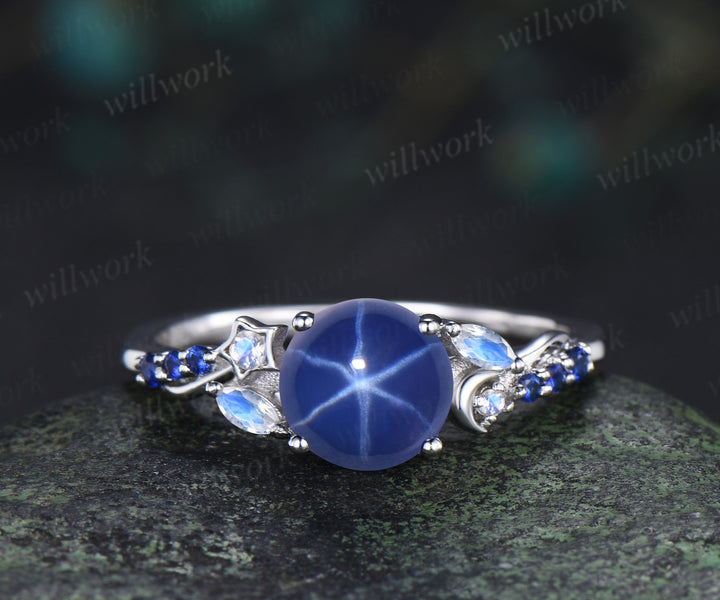 7mm round star sapphire engagement ring set moon star moonstone sapphire ring celtic knot wedding band bridal set