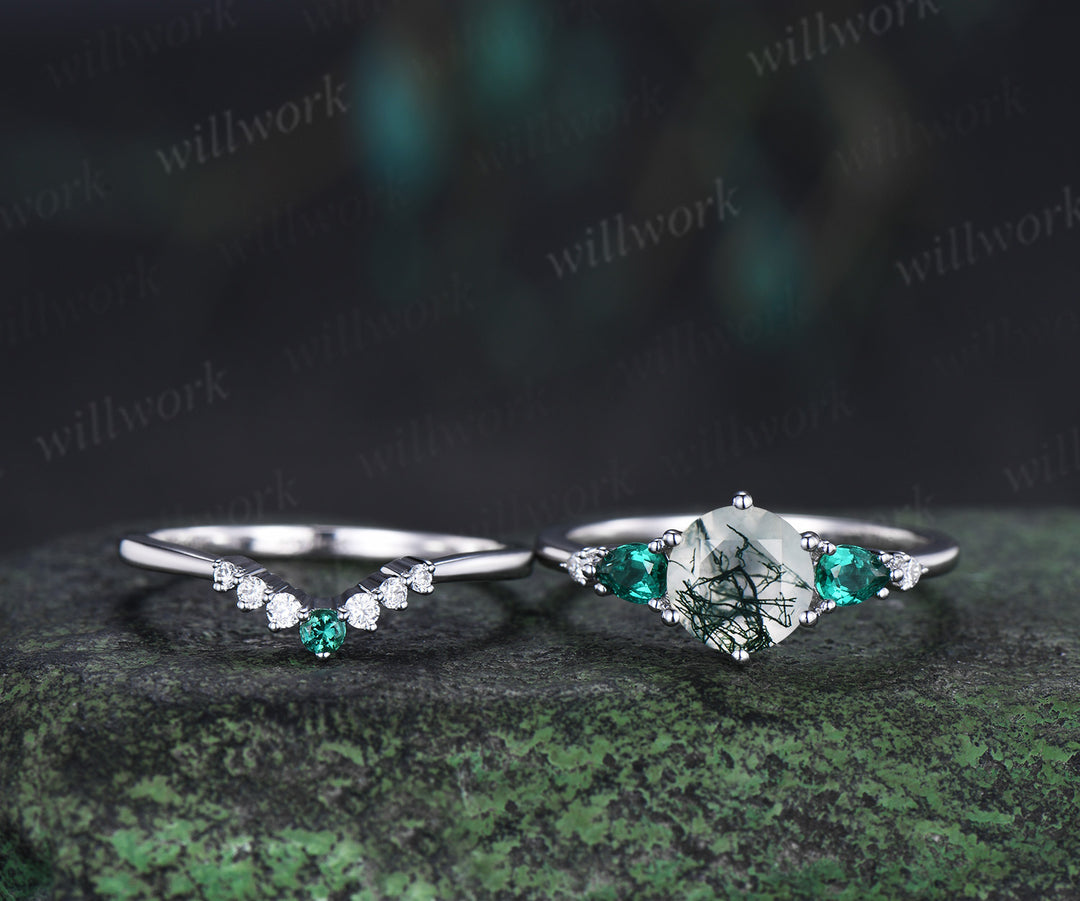Unique round moss agate engagement ring set five stone pear emeralds moissanite accent ring curved matching band