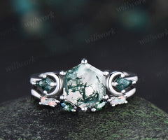 Hexagon cut moss agate engagement ring set three-stone art deco kite moss agate ring opal open gap wedding band