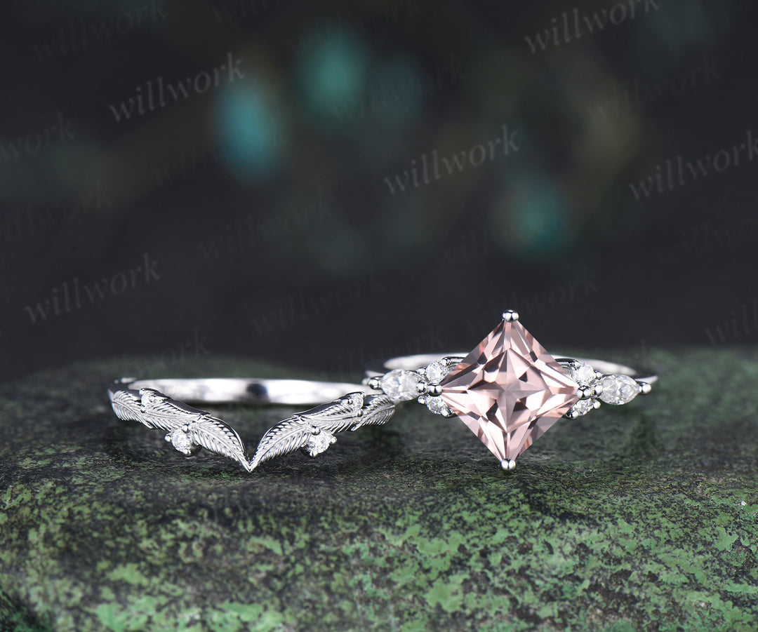 Princess cut natural morganite engagement ring set moissanite accent leaf matching band wedding bridal set