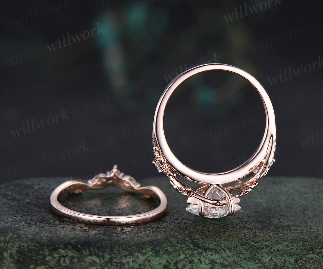 Nature inspired princess cut lab grown diamond engagement ring leaf twig floral ring diamond matching wedding band bridal set