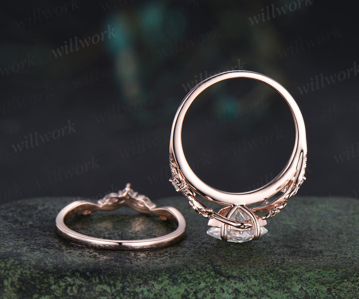 Nature inspired princess cut lab grown diamond engagement ring leaf twig floral ring diamond matching wedding band bridal set