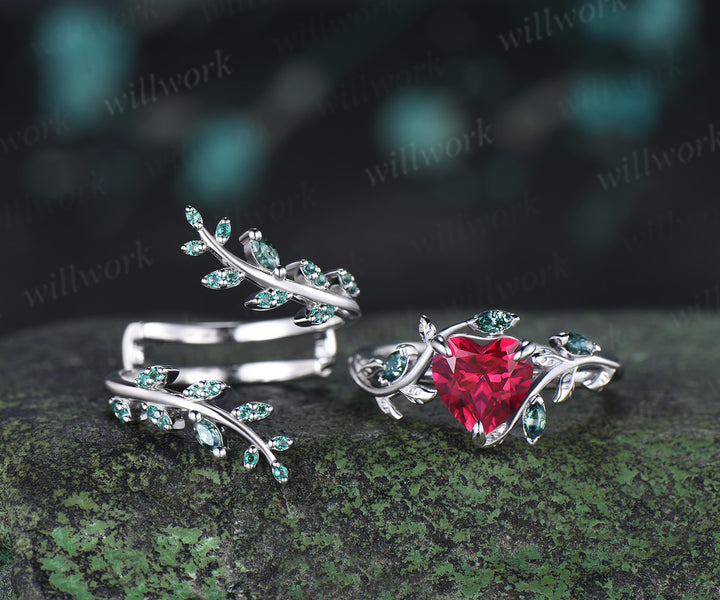 Heart Ruby Moss Agate Leaf Vine Ring Set Nature Twig Leaf Promise Ring Emerald Moss Agate Enhancer Band Unique Bridal Set