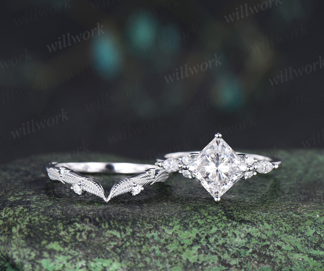 Vintage princess cut Lab grown diamond engagement ring set diamond accent leaf matching ring bridal set