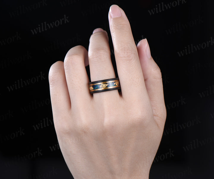 Vintage Princess Cut Alexandrite Twig Leaf Ring Set& Tungsten Black Opals Gold Flakes Men’s Band Couple Ring Set