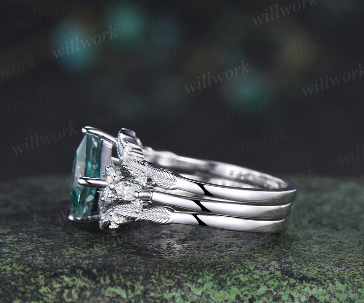 Princess cut green sapphire engagement ring set elegant bridal set moissanite accent leaf matching band