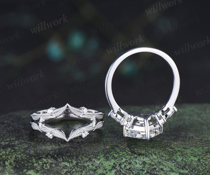 Vintage princess cut Lab grown diamond engagement ring set diamond accent leaf matching ring bridal set