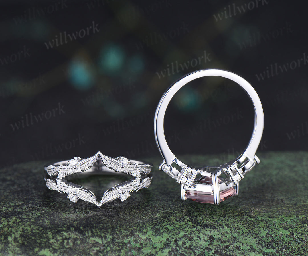 Princess cut natural morganite engagement ring set moissanite accent leaf matching band wedding bridal set