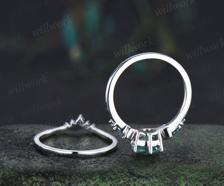 Round cut natural moss agate ring five stone moon 14k rose gold engagement ring set unique wedding ring set