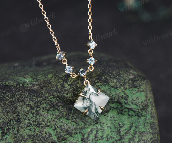Princess cut moss agate necklace with alexandrite accents unique green gemstone pendant gifts