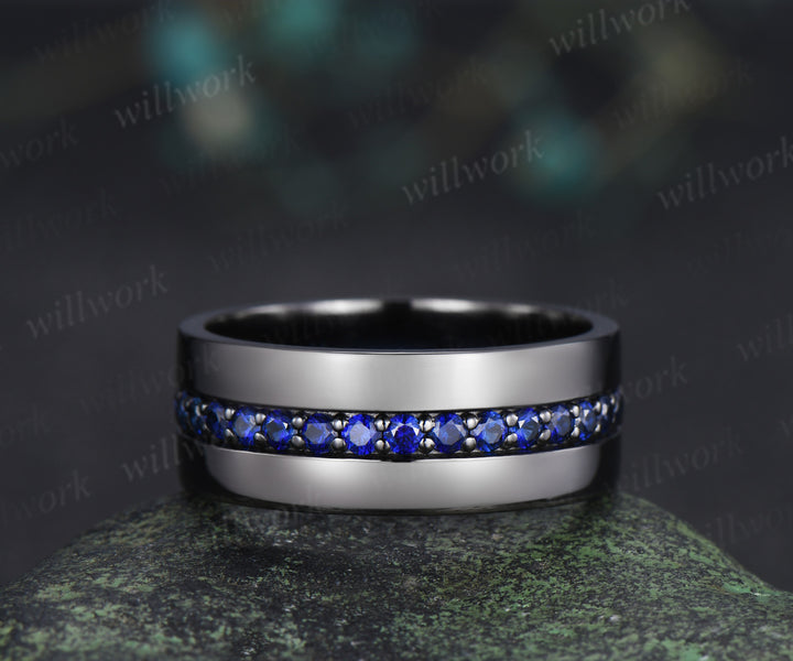 Heart Shape Sapphire Moon Bridal Ring Set & 3/4 Eternity Blue Sapphire Men Wedding Ring Couple Ring Set